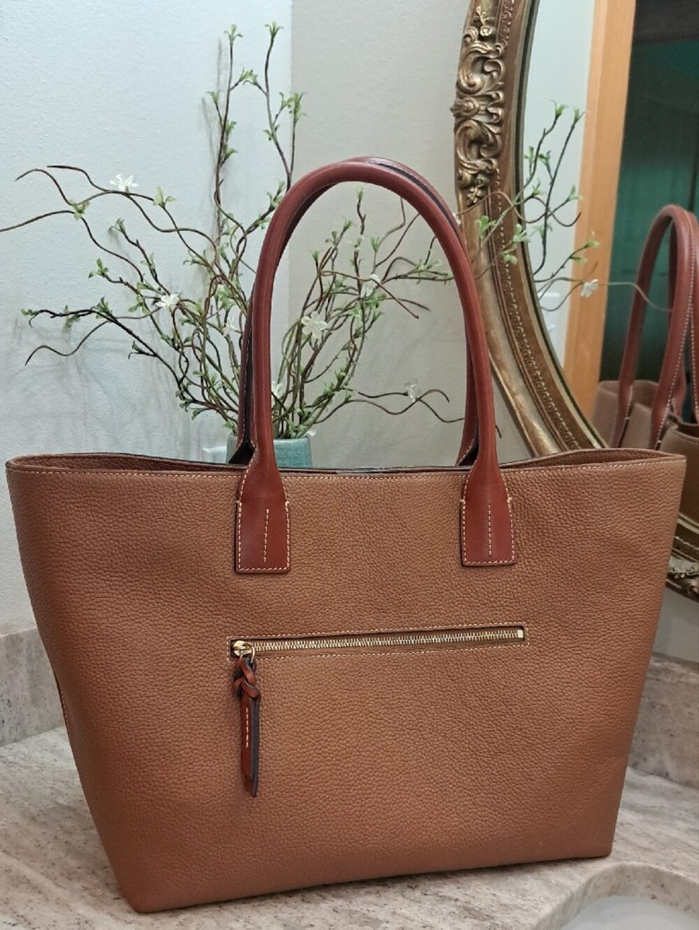 Dooney & Bourke Pebble Leather Tote in Cognac with Dark Brown Handles - Picture 3 of 11